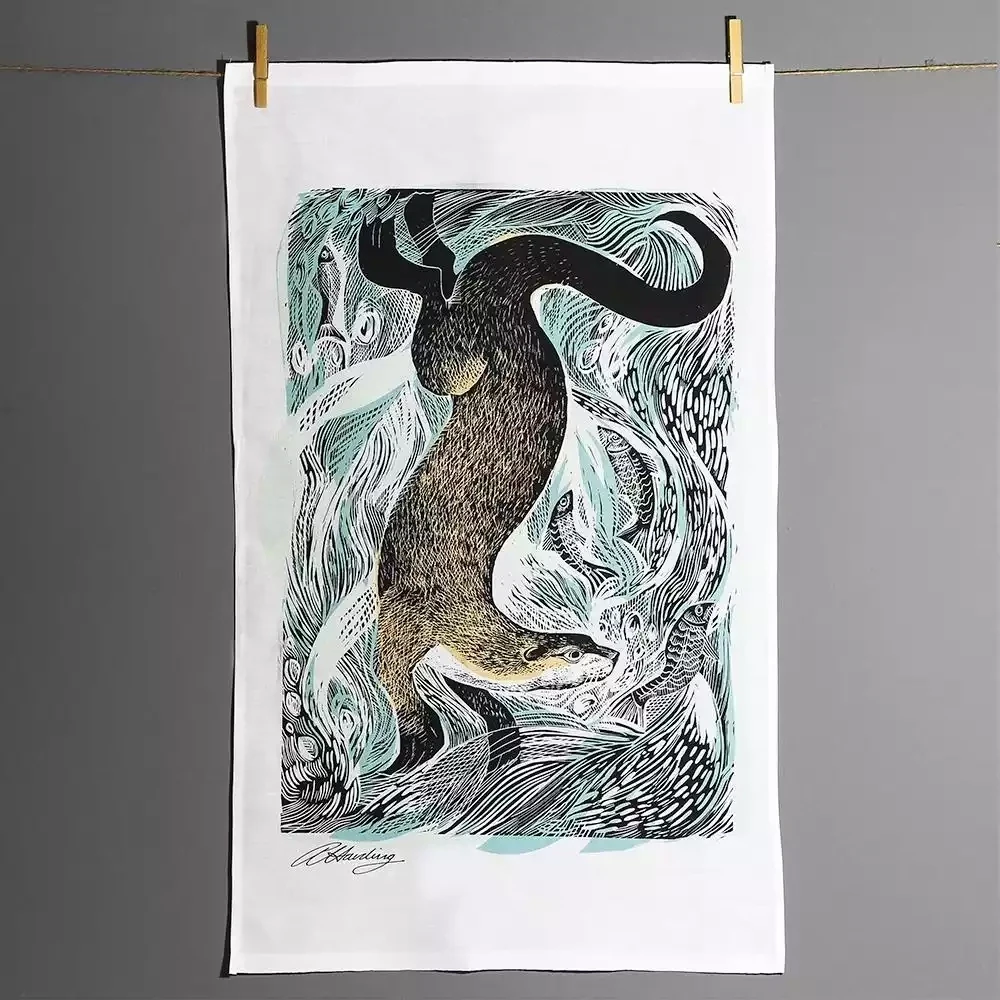 Fishing Otter Tea Towel by Angela Harding