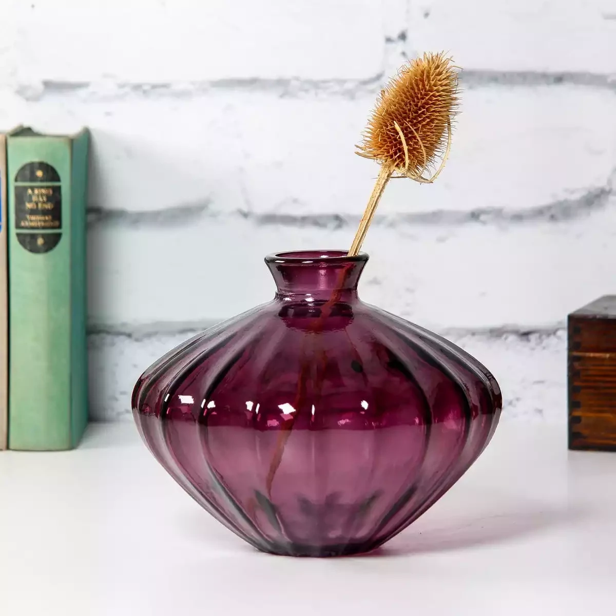 Fluted Ellipse Recycled Glass Vase - 14cm - Mulberry by Jarapa