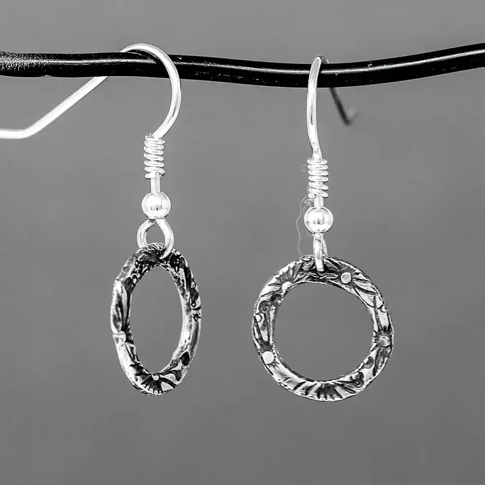 Flora Circle Drops - Small - Oxidised Silver by Silverfish