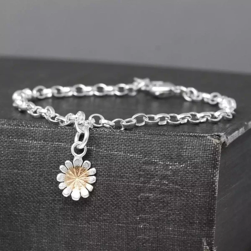 Flower Petal With Rose Gold Charm on Silver Bracelet by Fi Mehra