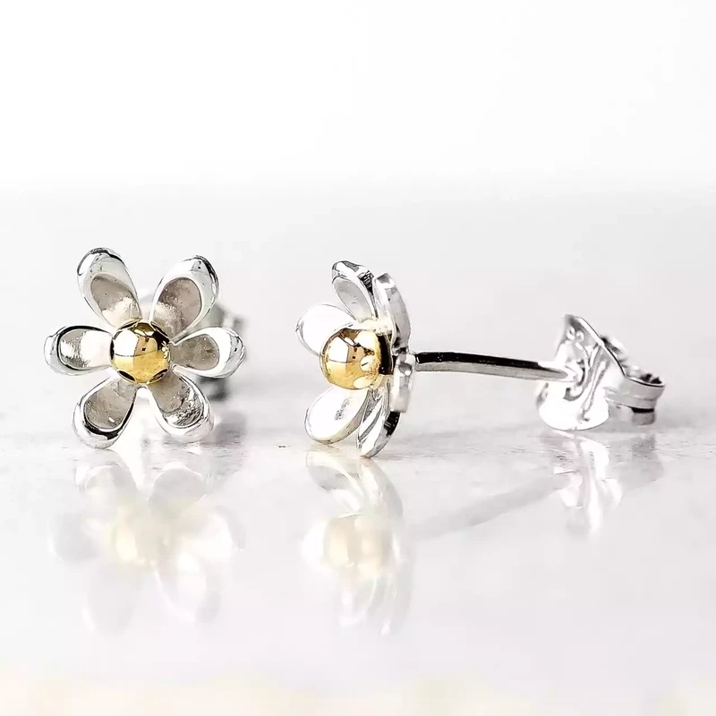 Flower Silver and Gold Stud Earrings by Linda Macdonald