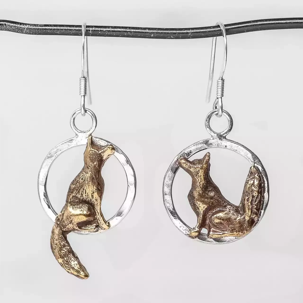Fox Cubs in Circle Bronze and Silver Drop Earrings by Xuella Arnold