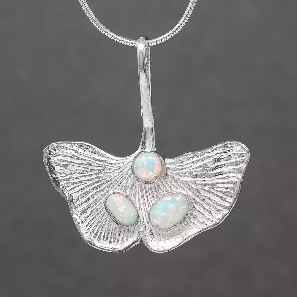 Ginkgo Leaf Silver Pendant With White Opalites by Lavan