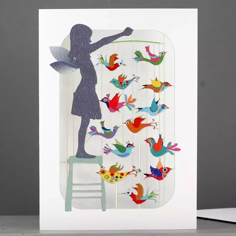 Girl With Bird Mobile Laser-cut Card by Ge Feng