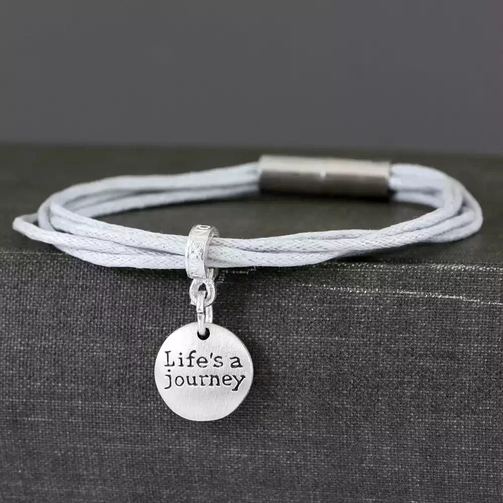 Grey Cord and Pewter Bracelet - Lifes a Journey by Metal Planet