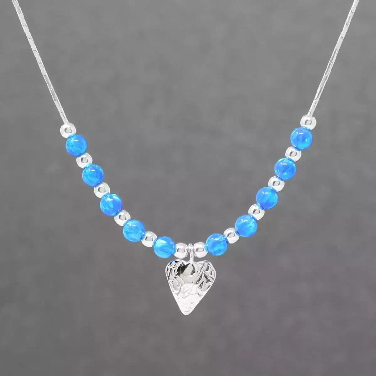 Hammered Heart Charm Silver and Opalite Necklace - Dark Blue by Lavan
