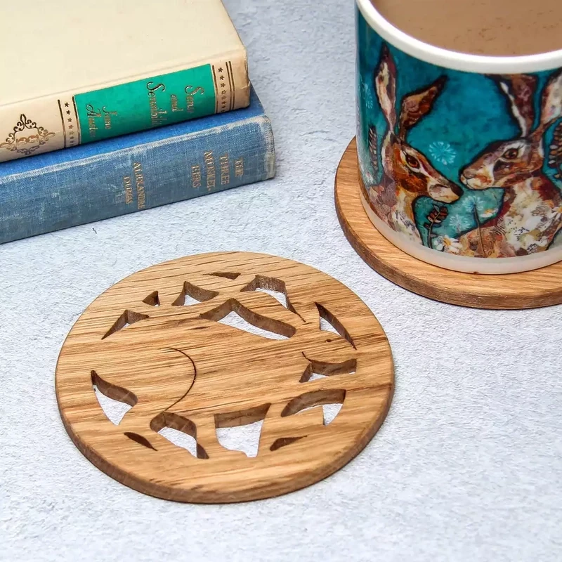 Hand Cut Oak Coaster - Running Hare by Beamers Designs