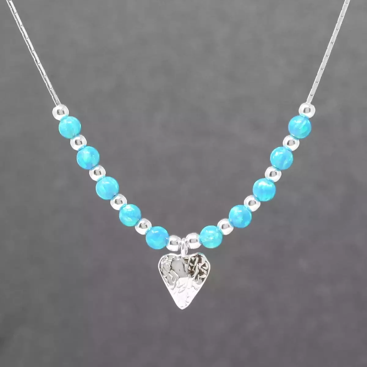 Hammered Heart Charm Silver and Opalite Necklace - Aqua by Lavan