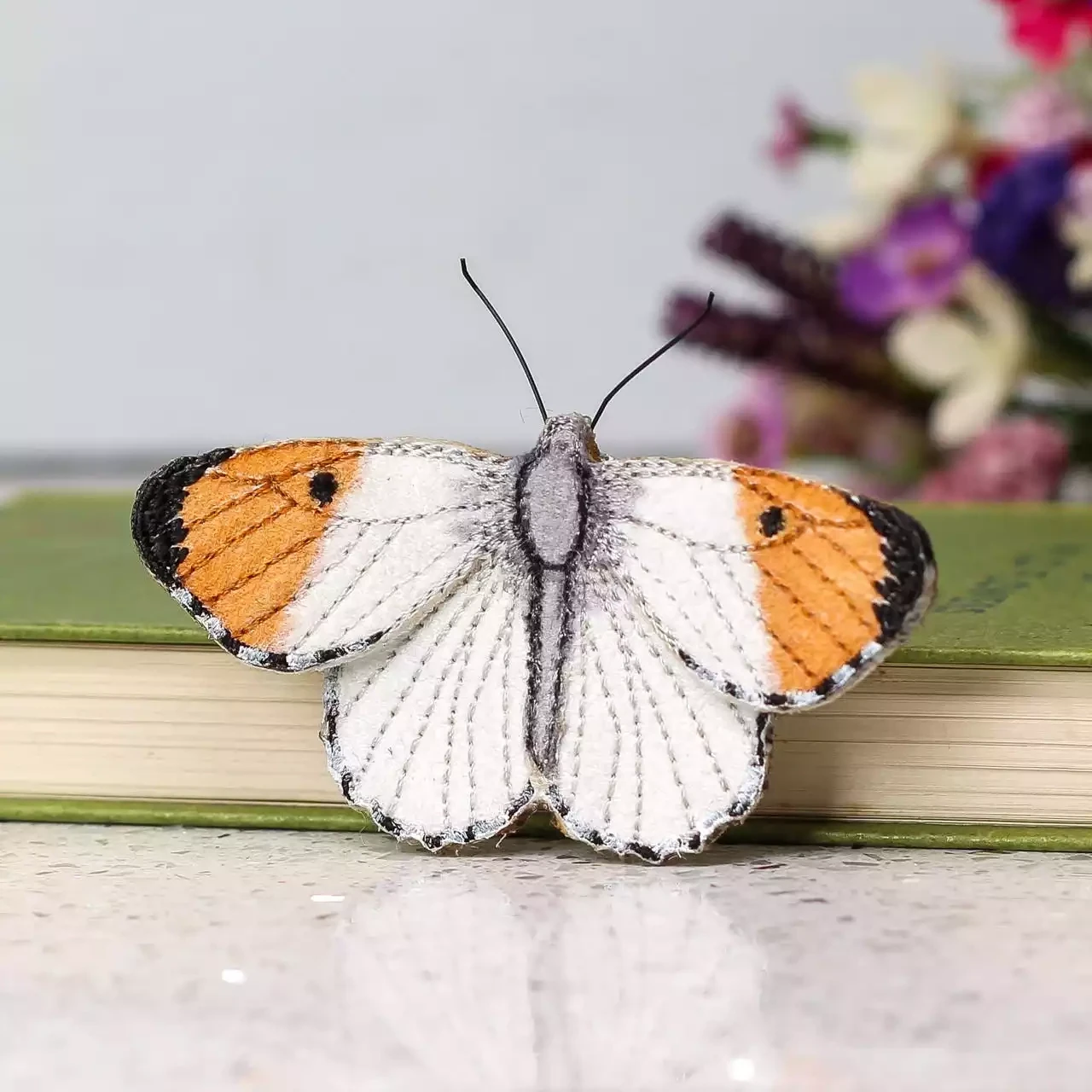Hand Painted and Embroidered Fabric Brooch - Orange Tip Butterfly by Vikki Lafford Garside