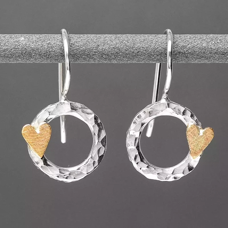 Hammered Circle with 9ct Gold Scratchy Hearts Silver Drop Earrings by Fiona Mackay