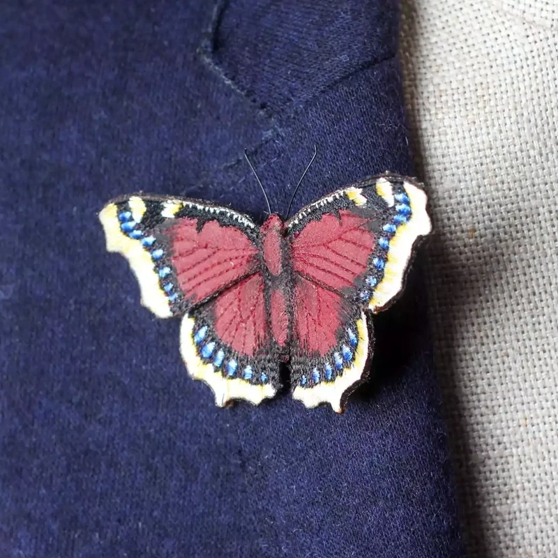 Hand Painted and Embroidered Fabric Brooch - Camberwell Beauty Butterfly by Vikki Lafford Garside