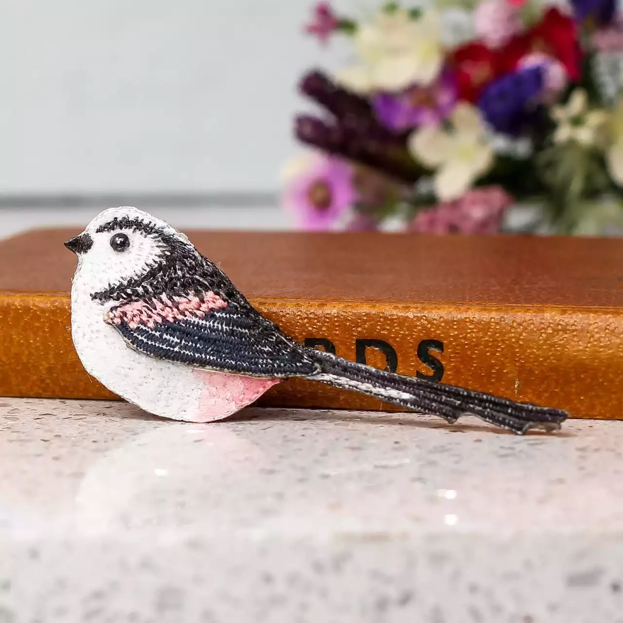 Hand Painted and Embroidered Fabric Brooch - Long Tailed Tit by Vikki Lafford Garside