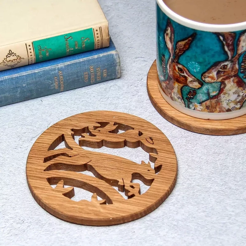 Hand Cut Oak Coaster - Hare & Hound by Beamers Designs