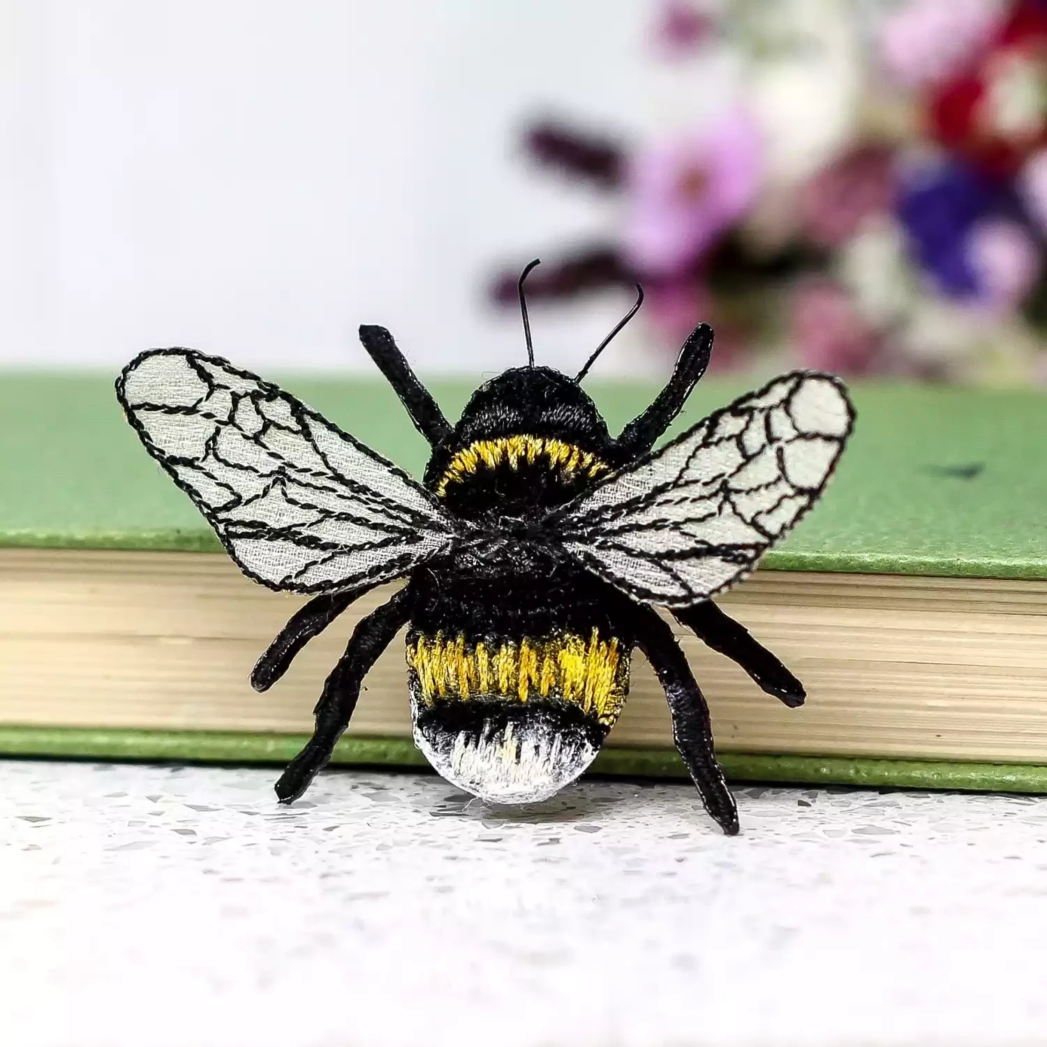 Hand Painted and Embroidered Fabric Brooch - White Tailed Bumble Bee by Vikki Lafford Garside