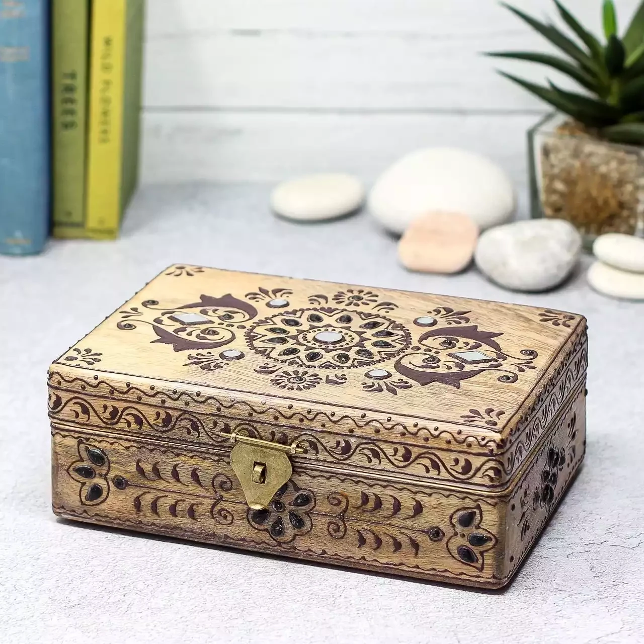 Hand Decorated Jewelled Lidded Wooden Box by Namaste