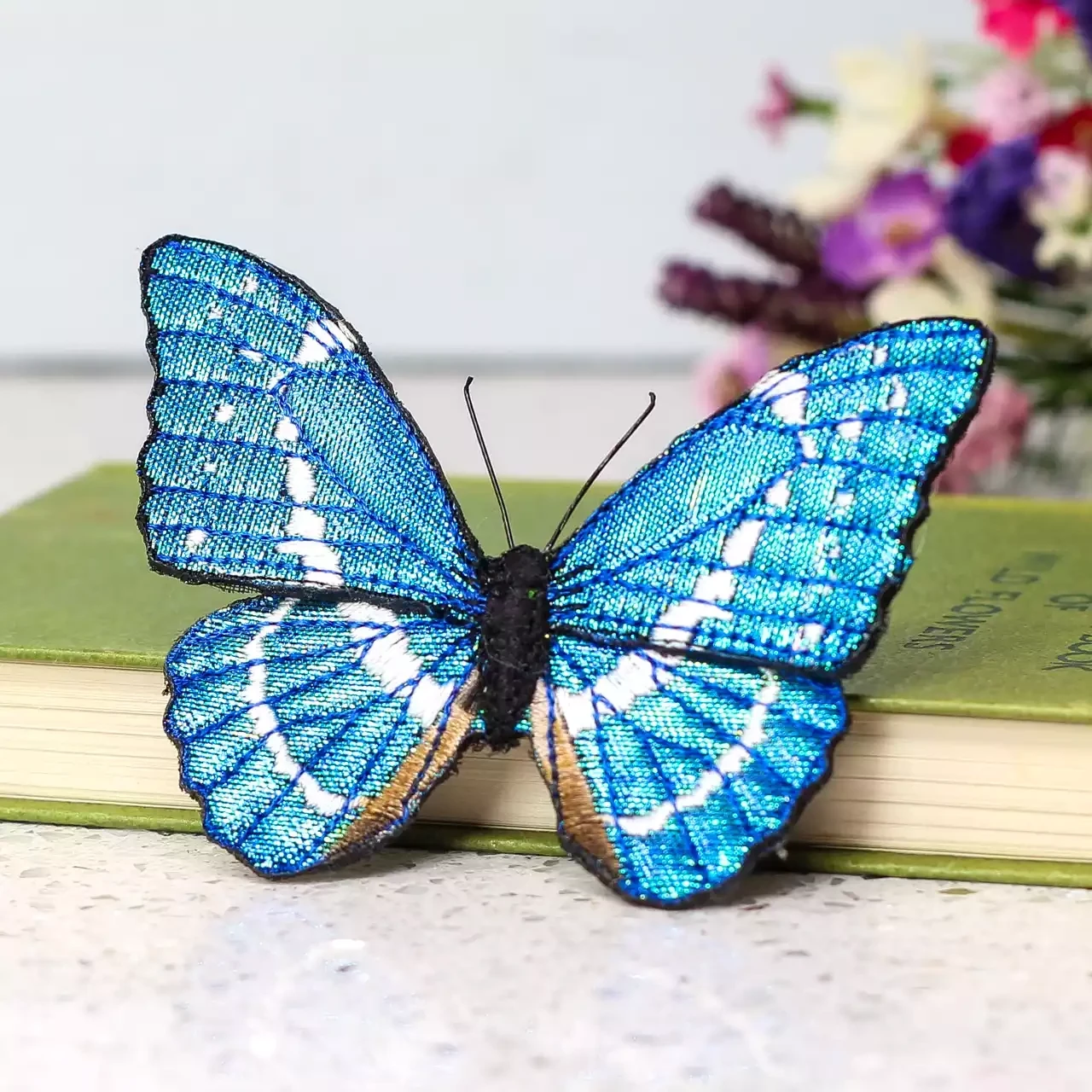 Hand Painted and Embroidered Fabric Brooch - Blue Morpho Butterfly by Vikki Lafford Garside