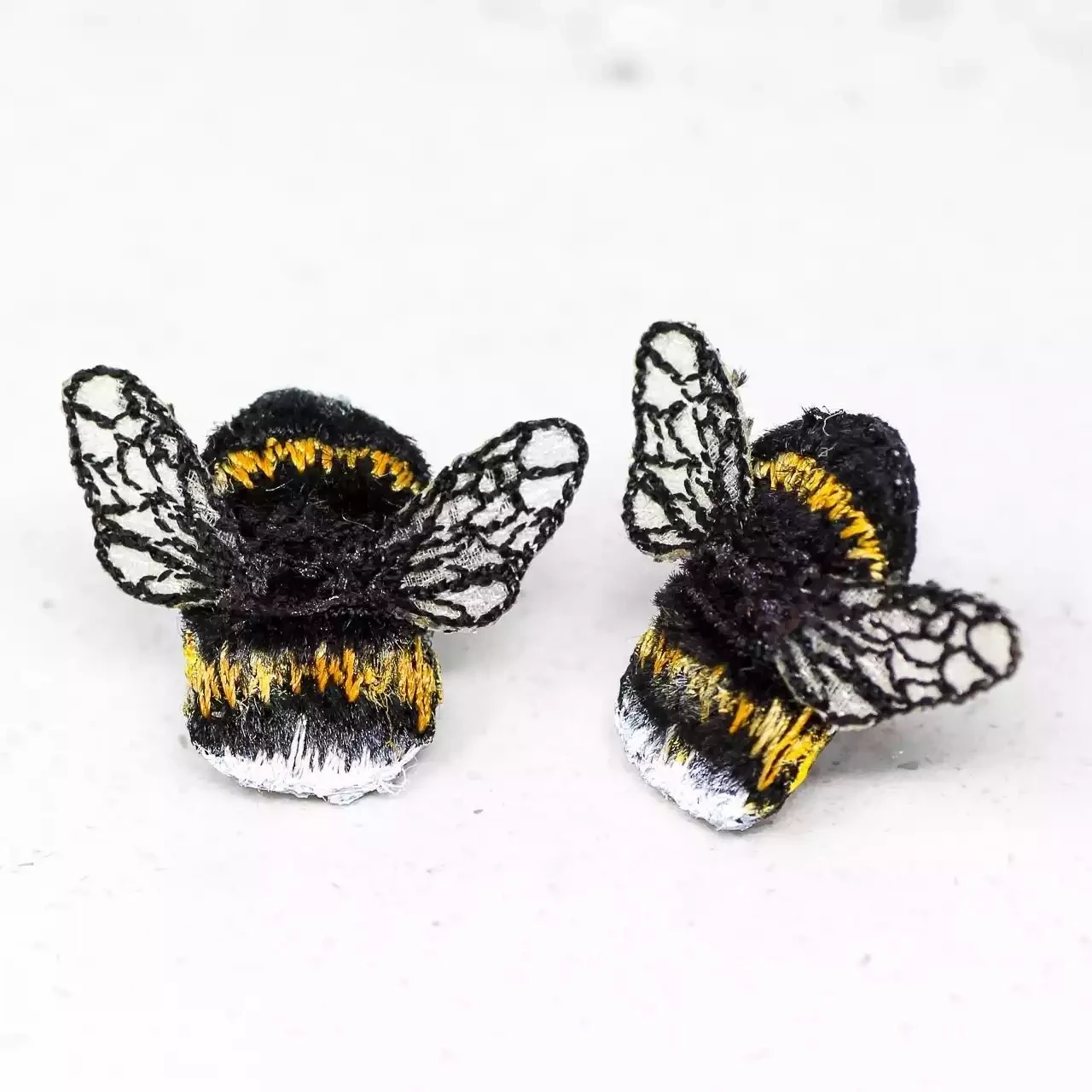 Hand Painted and Embroidered Fabric Stud Earrings - White Tail Bumble Bee by Vikki Lafford Garside