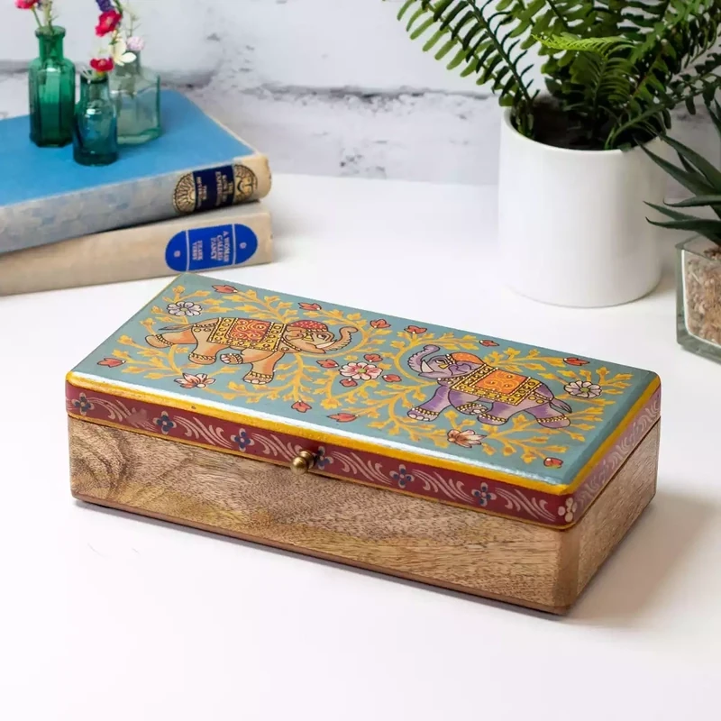 Hand Painted Elephant Mango Wood Jewellery Box - Small by Namaste