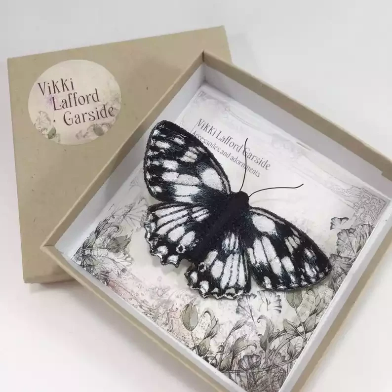 Hand Painted and Embroidered Fabric Brooch - Marbled White Butterfly by Vikki Lafford Garside