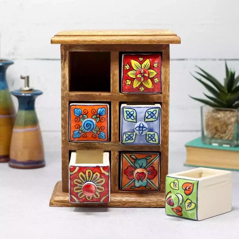 Hand Painted Ceramic Six Drawer Mango Wood Mini Chest - Multi by Namaste