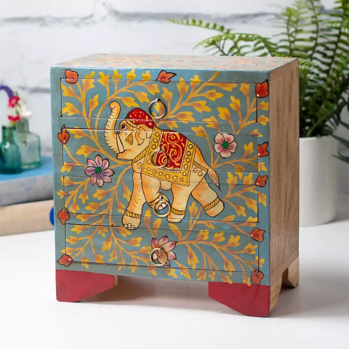 Hand Painted Elephant Four Drawer Wooden Chest by Namaste