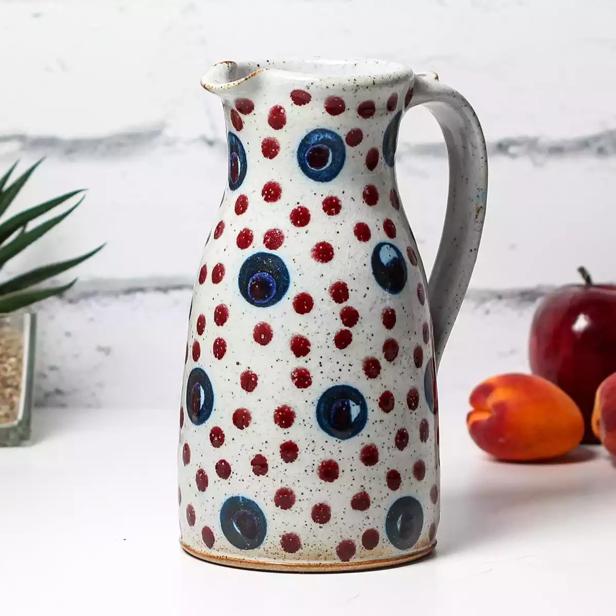 Hand Thrown Stoneware Jug - Narrow Neck 20cm - Red Spot by Selborne Pottery