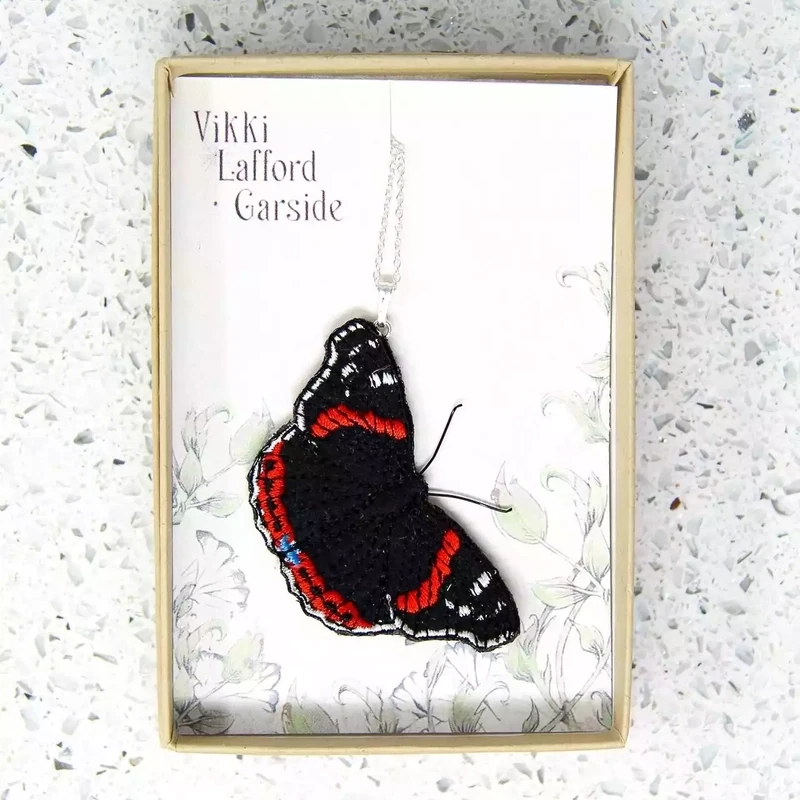 Handpainted and Embroidered Fabric Pendant - Red Admiral Butterfly by Vikki Lafford Garside
