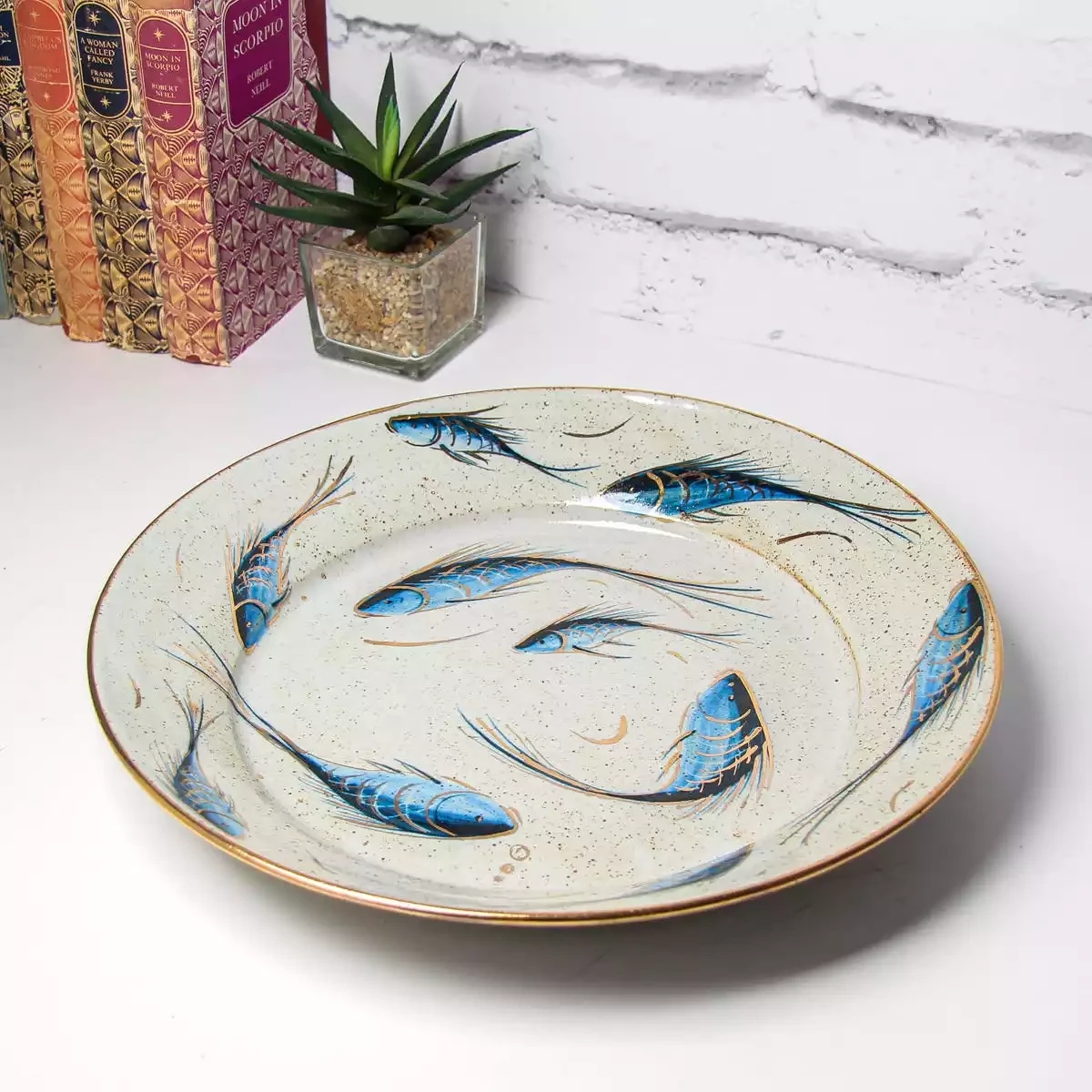 Hand Thrown Stoneware Platter - 33cm - Blue Fish Gold Lustre by Selborne Pottery