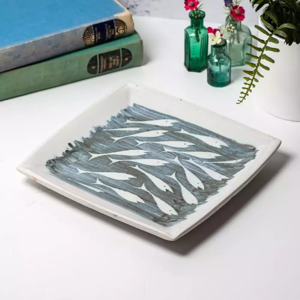 Hand-thrown Large Square Slab Dish - Whitebait by Tregear Pottery
