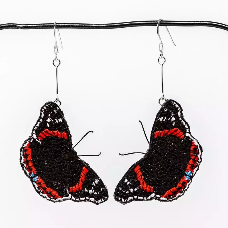 Handpainted and Embroidered Fabric Earrings - Red Admiral Butterfly by Vikki Lafford Garside