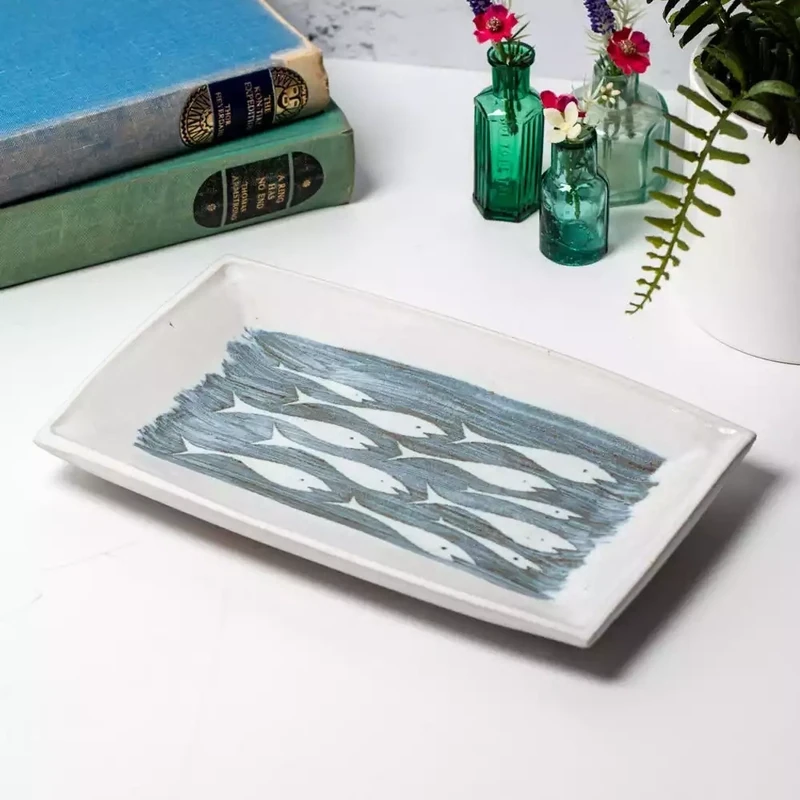 Hand-thrown Rectangle Slab Dish - Whitebait by Tregear Pottery