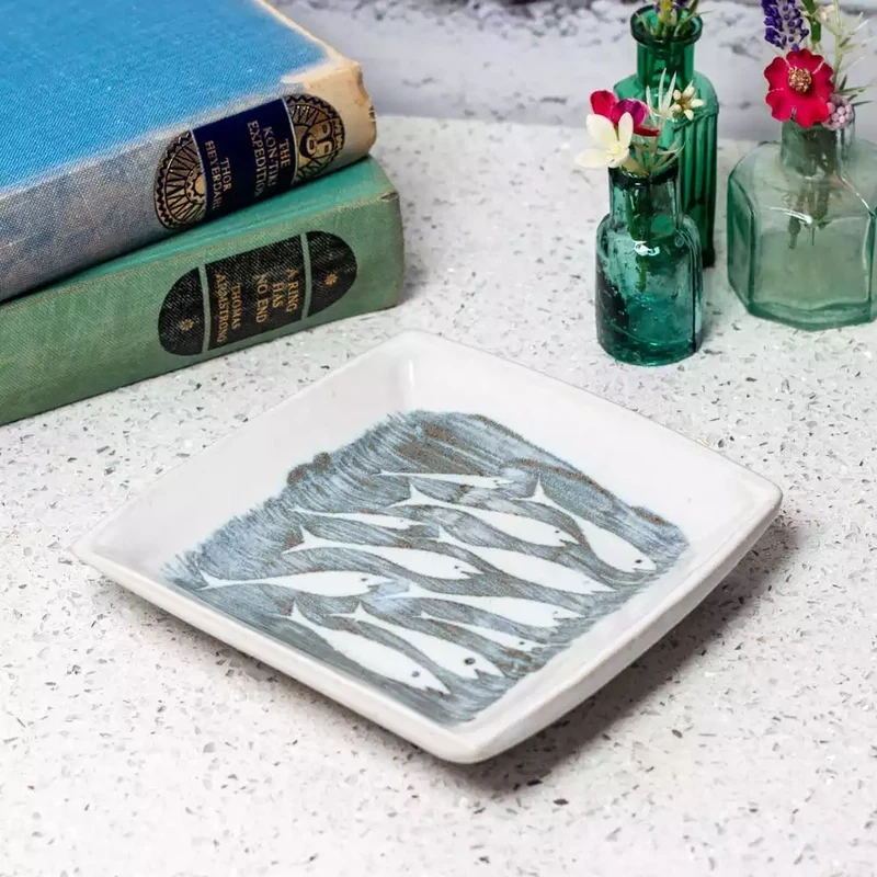 Hand-thrown Small Square Slab Dish - Whitebait by Tregear Pottery