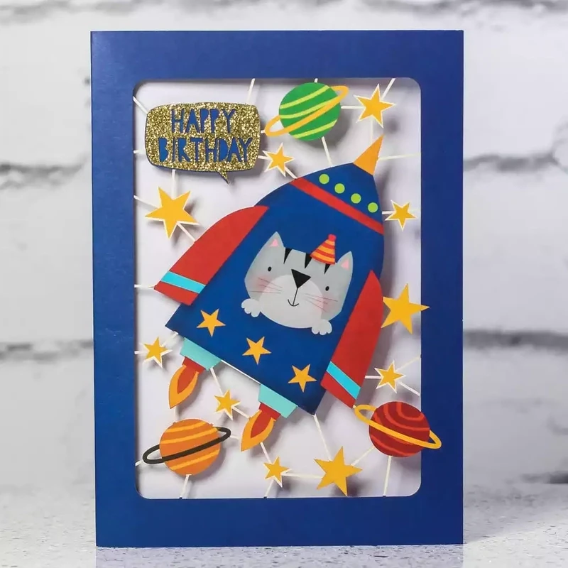 Happy Birthday - Cat in a Rocket Laser Cut Card by Alljoy