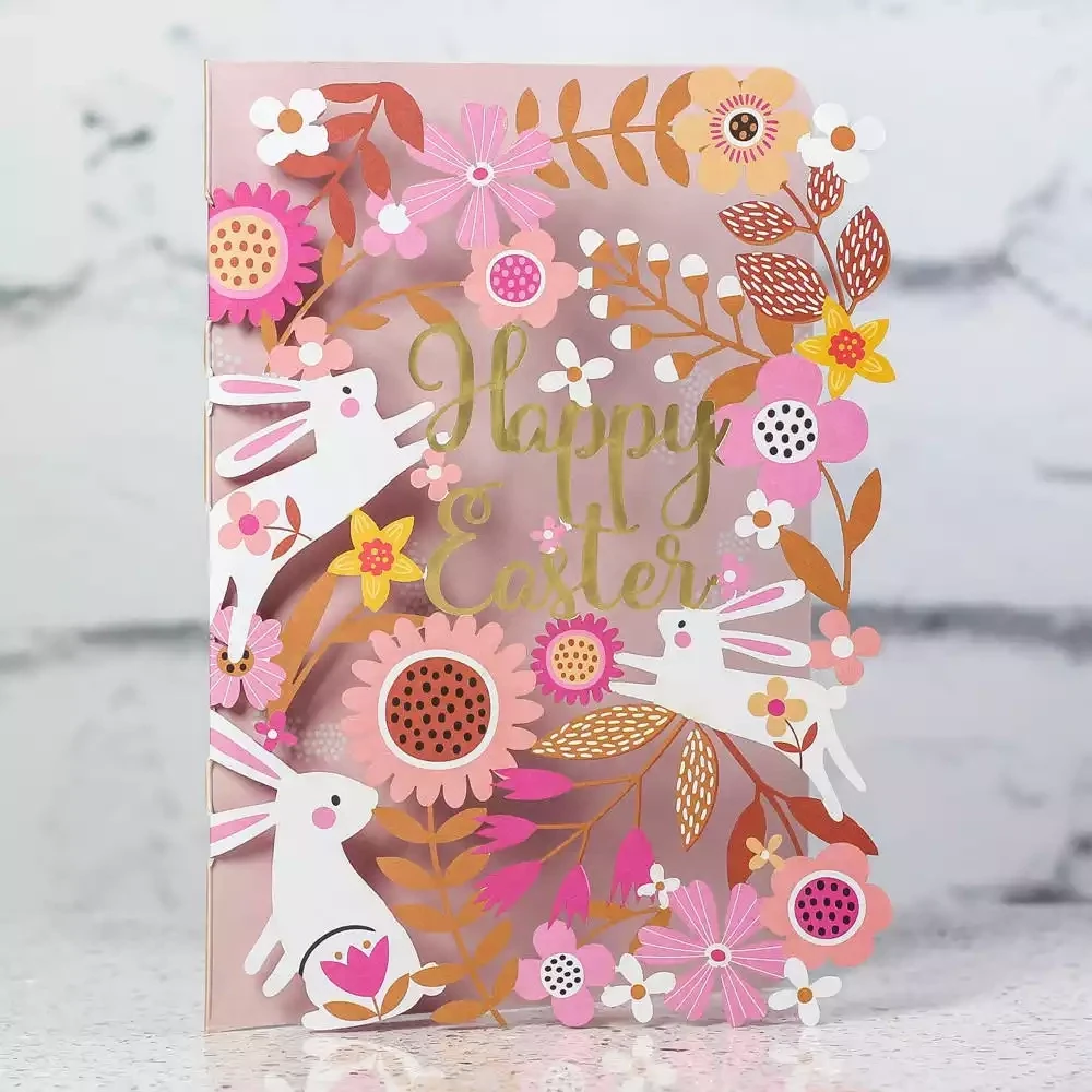 Happy Easter Pink Flowers and Bunnies Card by Alljoy