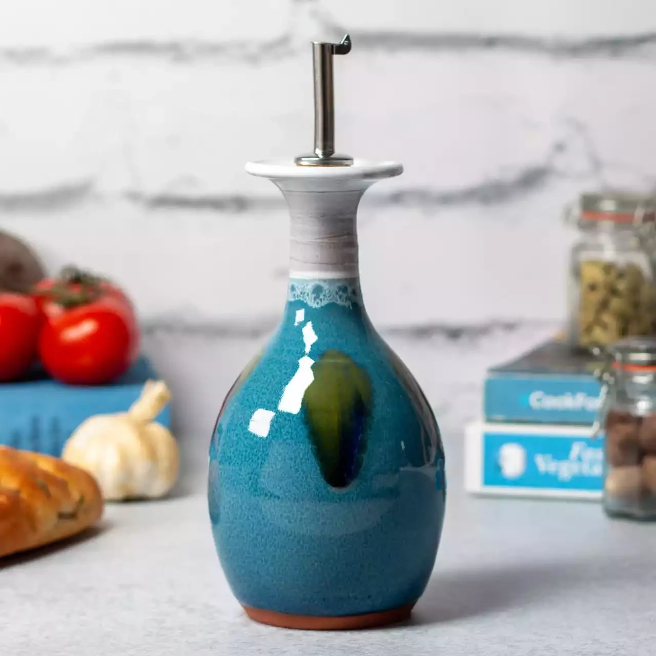 Handthrown Oil Decanter - Large Round - Peacock by Rupert Blamire