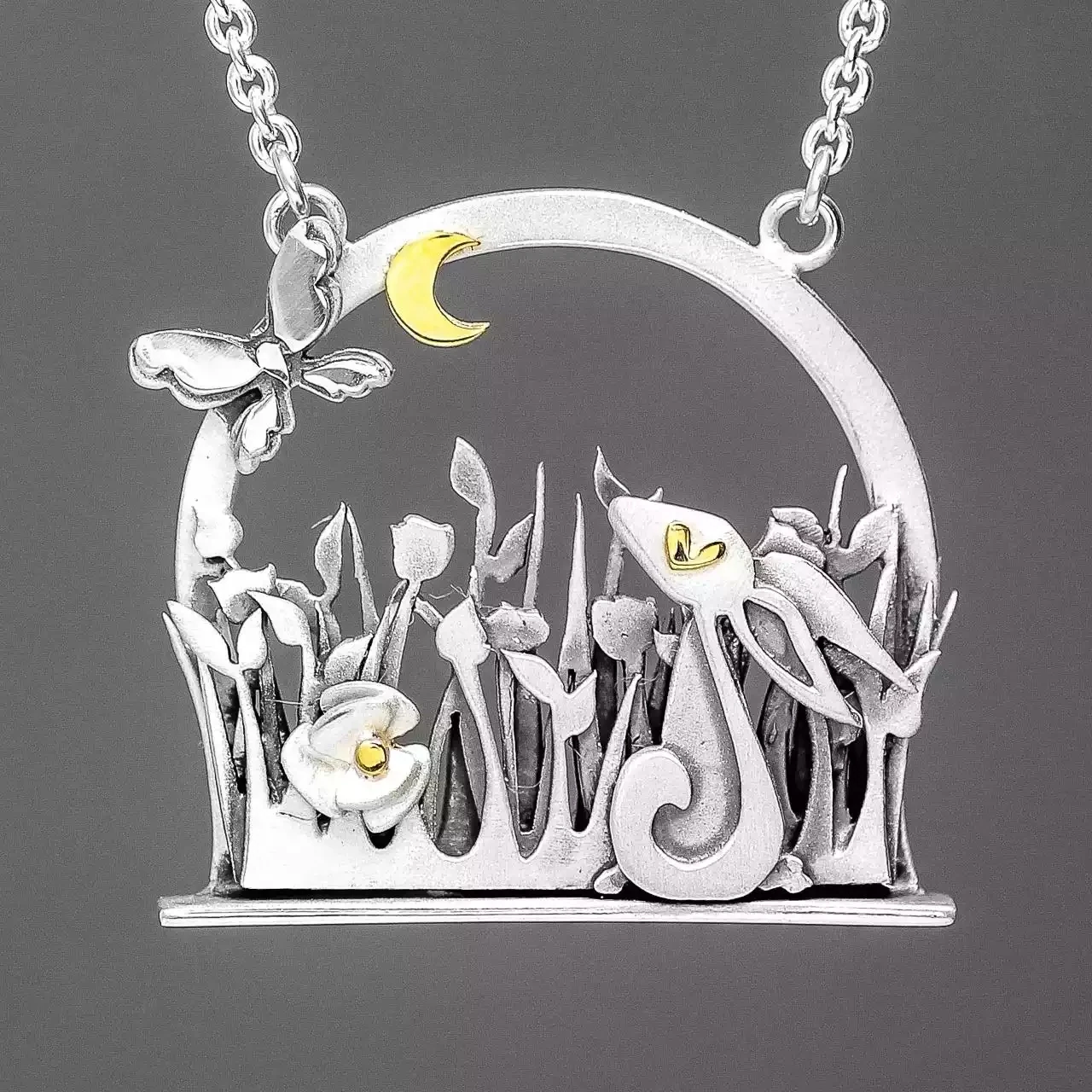 Hare in Wild Grass Meadow Silver and Gold Necklace by Linda Macdonald
