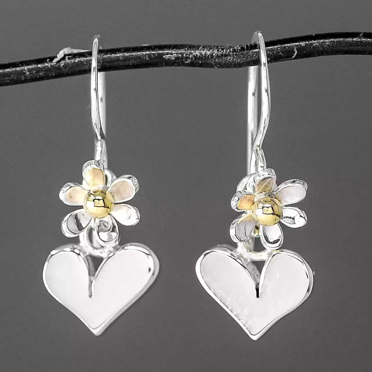 Heart and Daisy Silver and Gold Drop Earrings by Linda Macdonald
