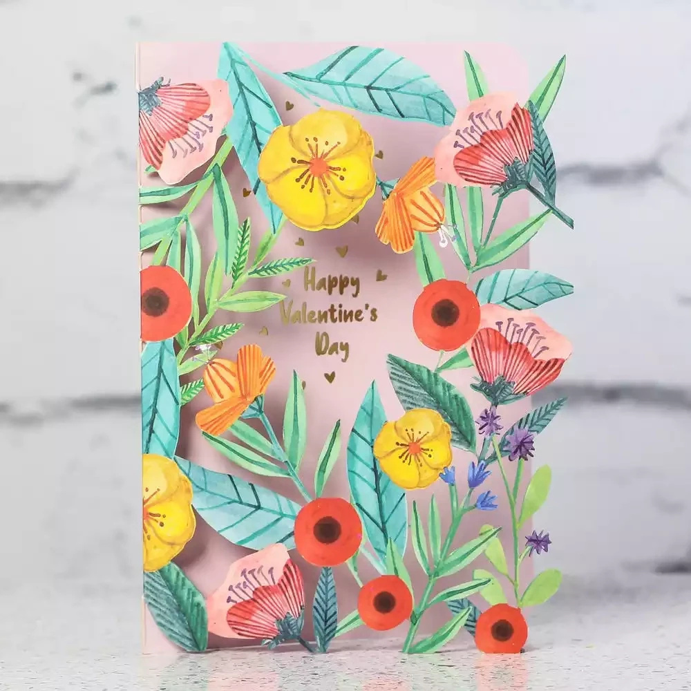 Happy Valentine&#39;s Day Pink Floral Laser-cut Greetings Card by Alljoy