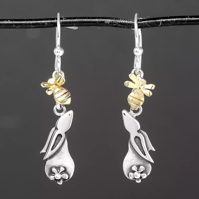 Hare and Bee Silver and Gold Drop Earrings by Linda Macdonald