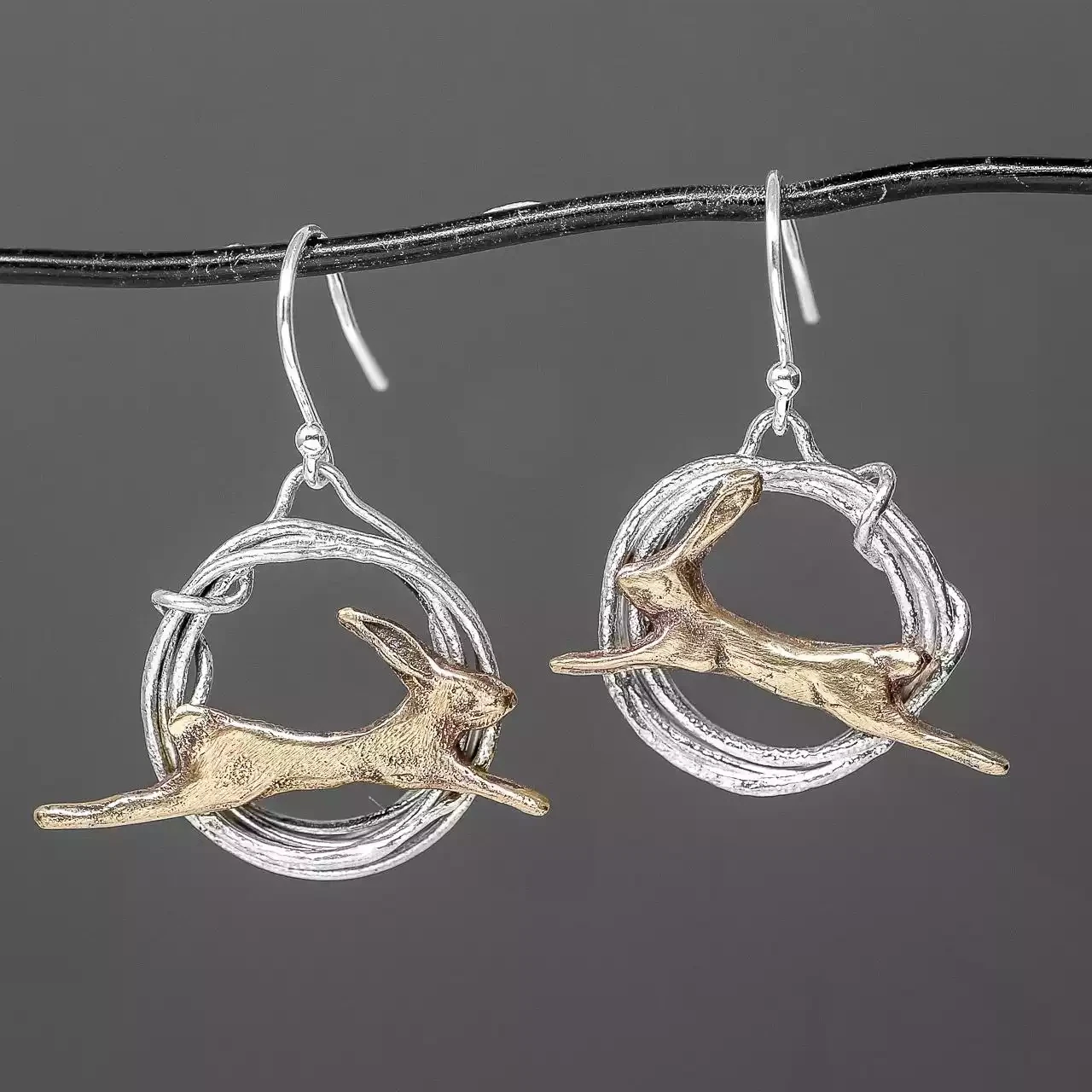 Hare in Hoop Silver and Bronze Earrings by Xuella Arnold