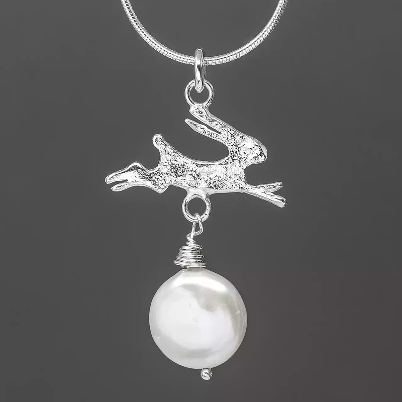 Hare and White Pearl Silver Necklace by Fi Mehra