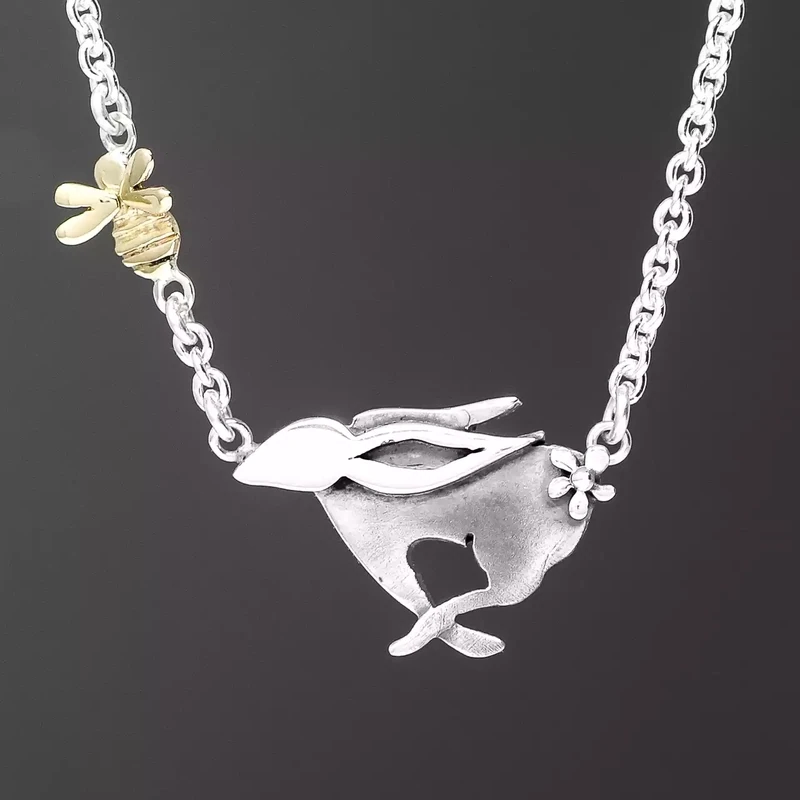 Hare Chasing Bee Silver and Gold Necklace by Linda Macdonald