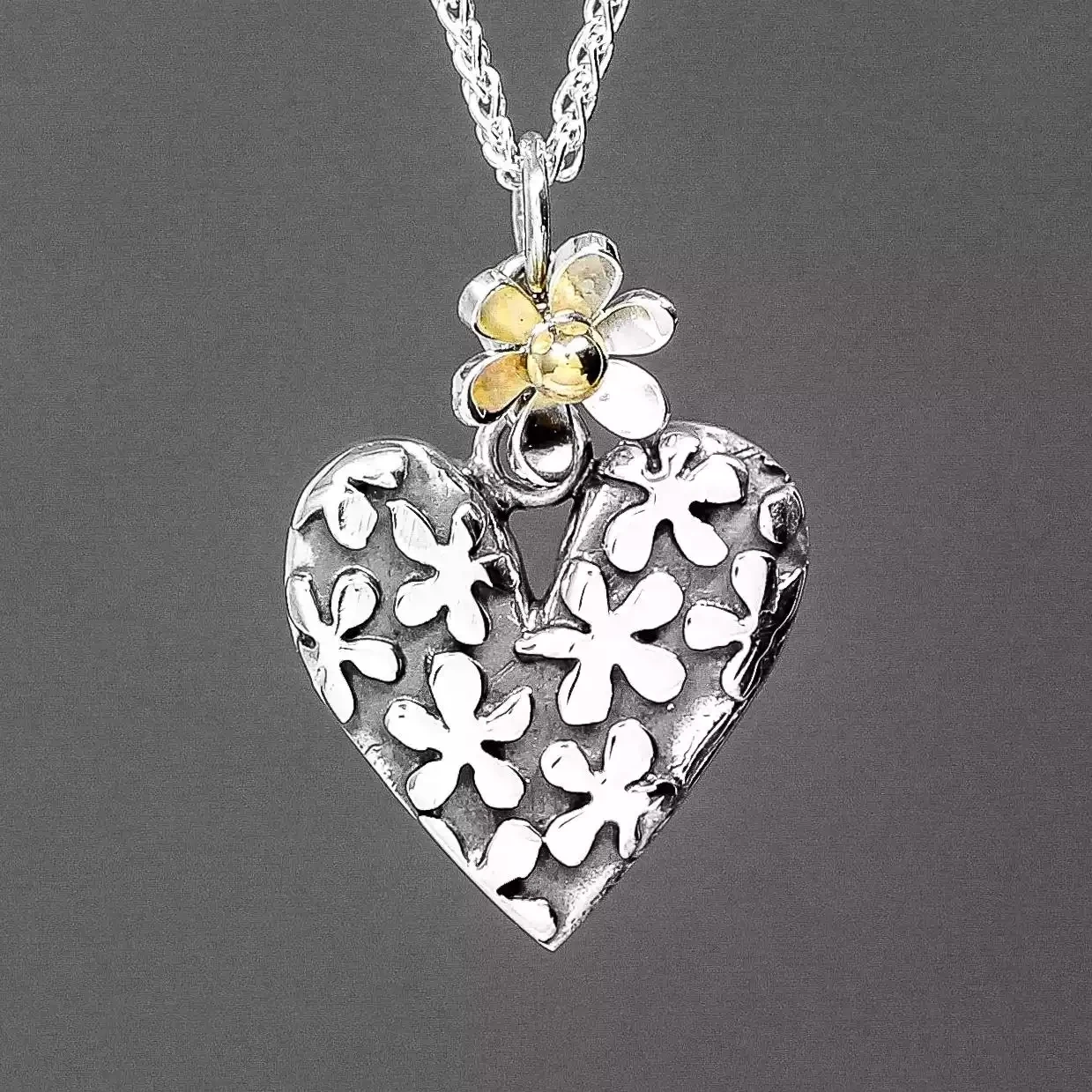 Hearts and Flowers Silver and Gold Necklace by Linda Macdonald