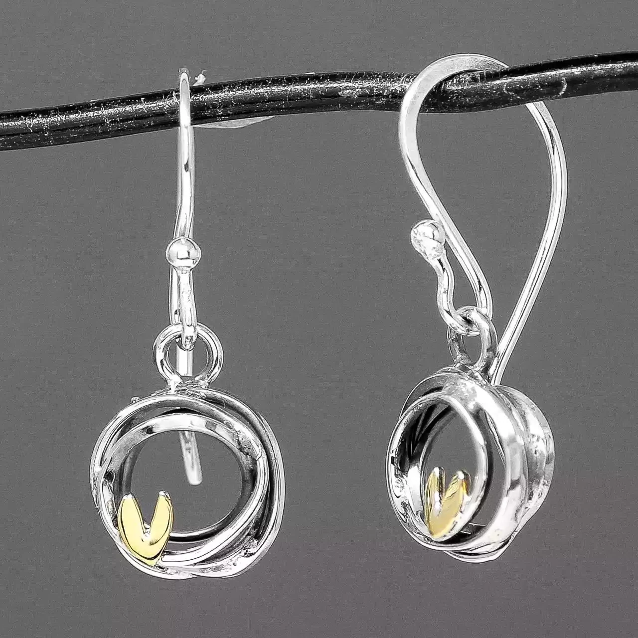 Heart in Nest Silver and Gold Drop Earrings by Linda Macdonald