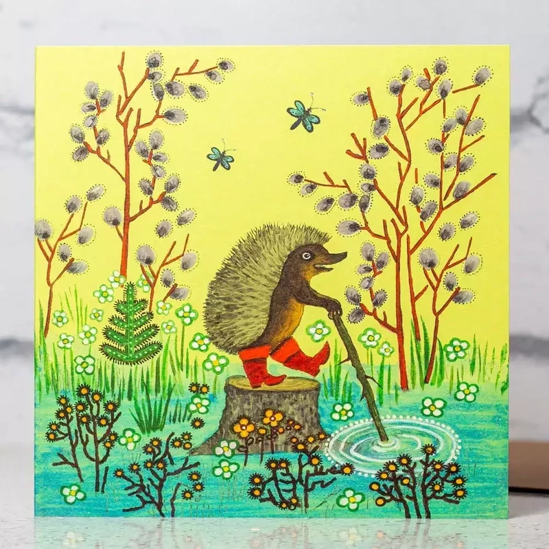 Hedgehog in Boots - Don't Get Wet! Card by Kapelki Art