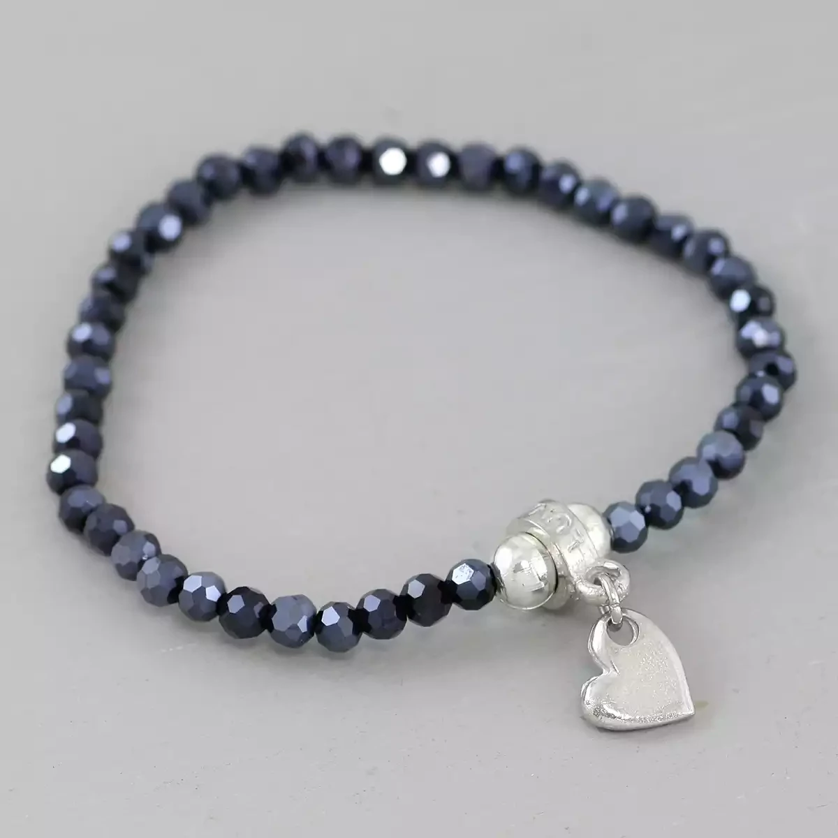 Hematite Coloured Glass Bead and Pewter Heart Bracelet by Metal Planet