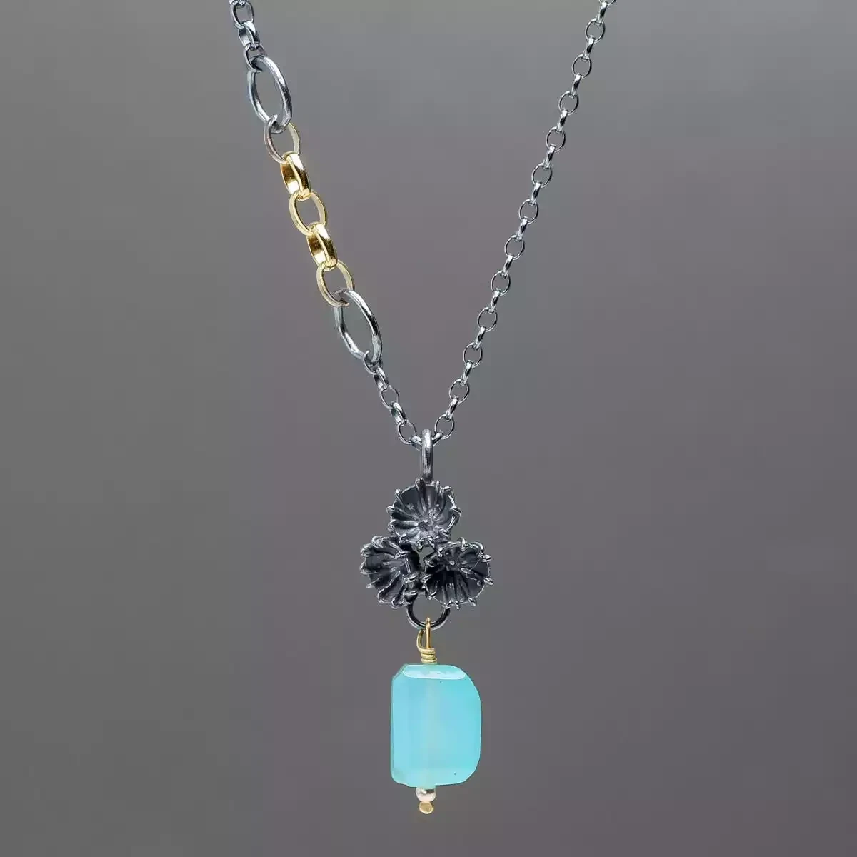 hoardings triple cup oxidised silver pendant - chalcedony by adele taylor
