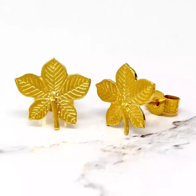 Horse Chestnut Leaf 22ct Gold Plate Stud Earrings by Amanda Coleman