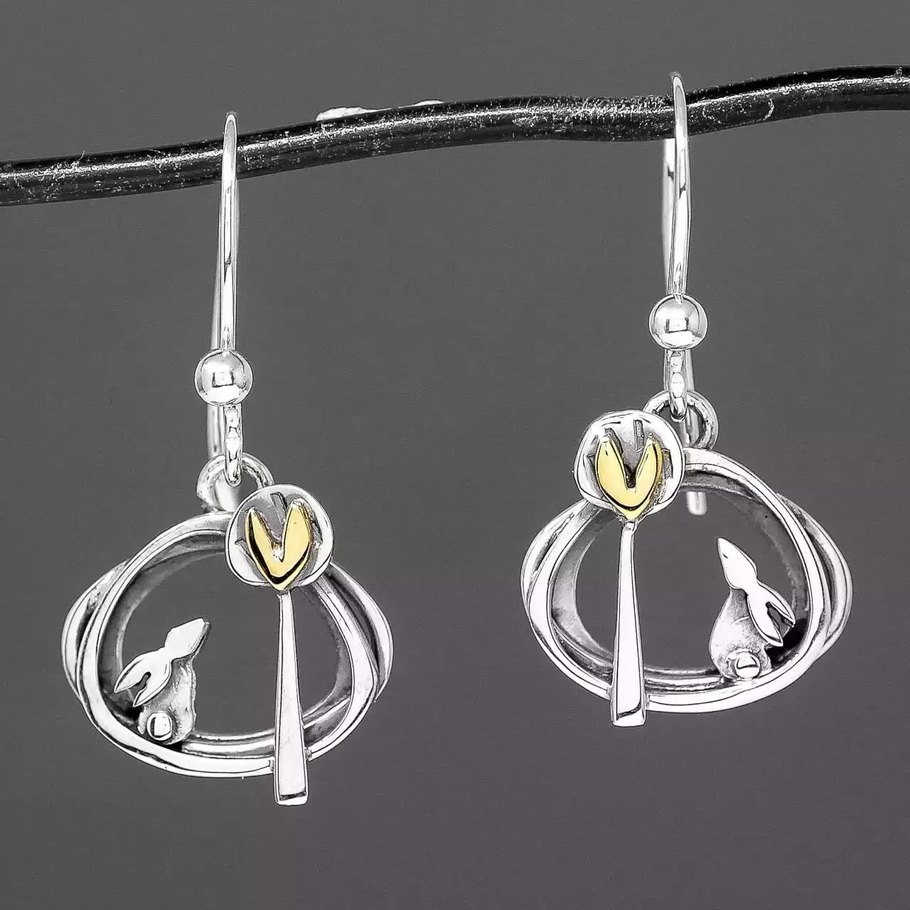 Into the Woods Hare and Heart Silver and Gold Drop Earrings by Linda Macdonald