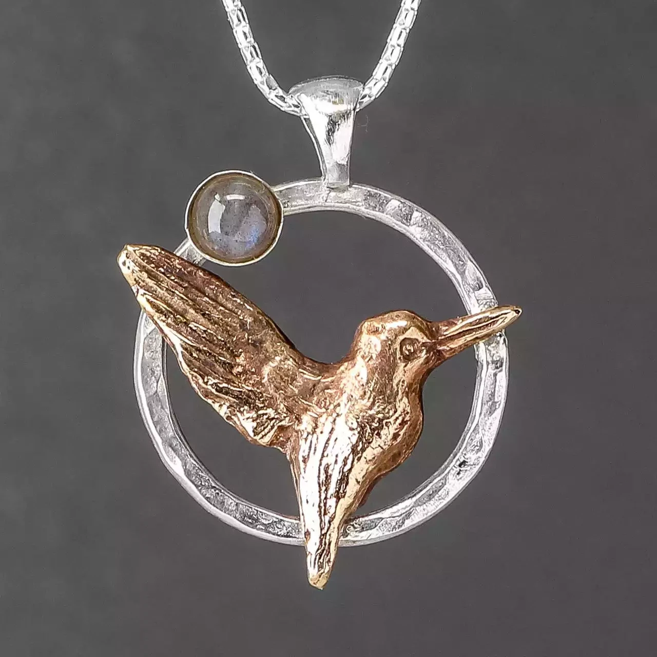 Kingfisher and Moon Silver and Bronze Circle Pendant by Xuella Arnold